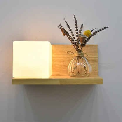 Contemporary Creative Square House Twisted Rectangle Glass Shade Wood 1-Light Wall Sconce Lamp For Bedroom