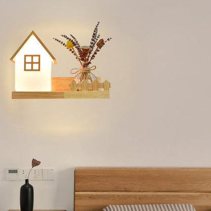 Contemporary Creative Square House Twisted Rectangle Glass Shade Wood 1-Light Wall Sconce Lamp For Bedroom