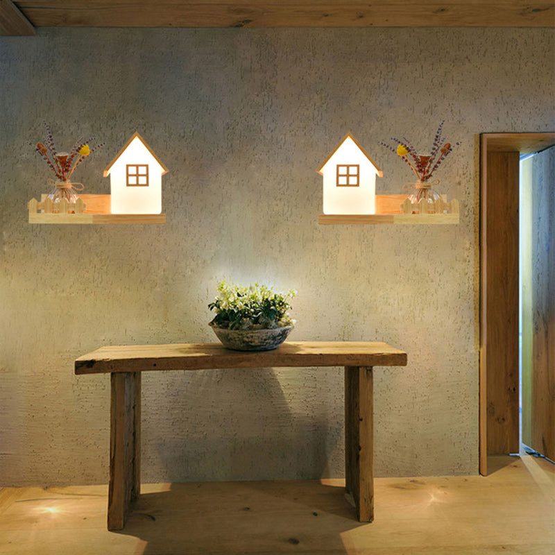 Contemporary Creative Square House Twisted Rectangle Glass Shade Wood 1-Light Wall Sconce Lamp For Bedroom