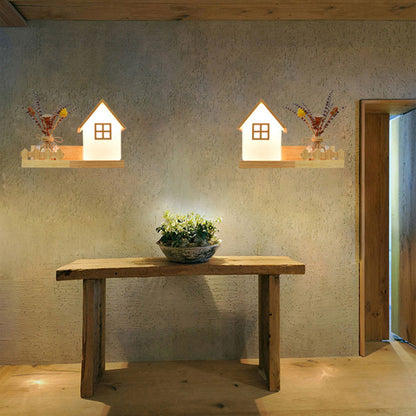 Contemporary Creative Square House Twisted Rectangle Glass Shade Wood 1-Light Wall Sconce Lamp For Bedroom
