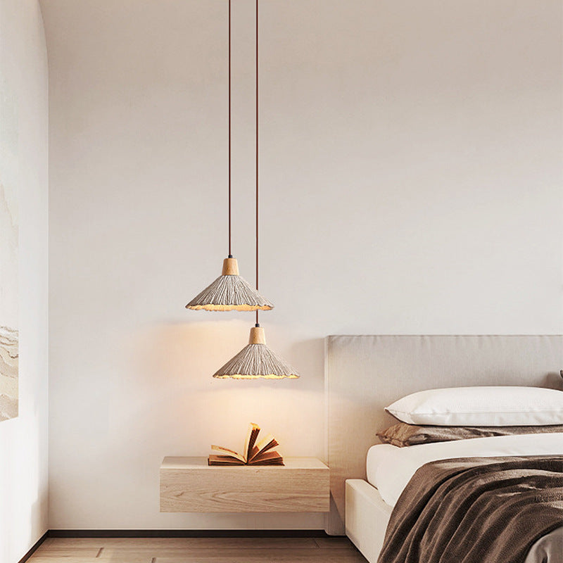 Contemporary Nordic Round Cone Solid Wood Cement Shade 1-Light Pendant Light For Bedroom