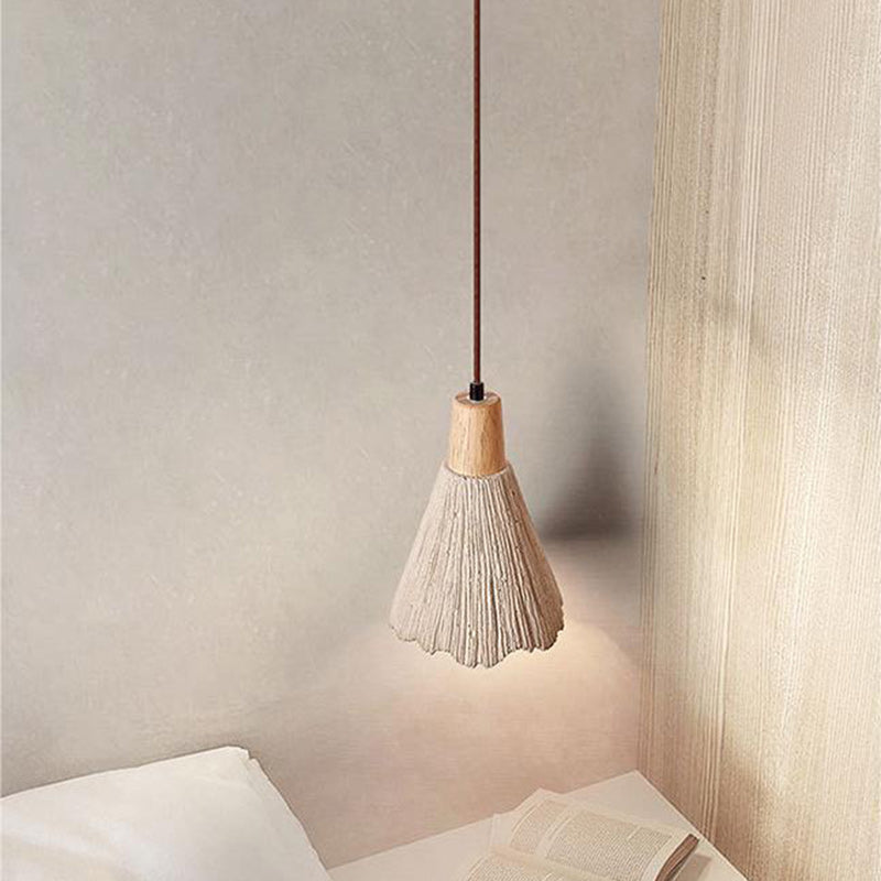 Contemporary Nordic Round Cone Solid Wood Cement Shade 1-Light Pendant Light For Bedroom