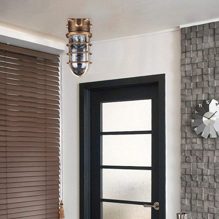 Traditional Vintage Cylinder Horizontal Bar Aluminum Frame Glass Shade 1-Light Flush Mount Ceiling Light For Living Room