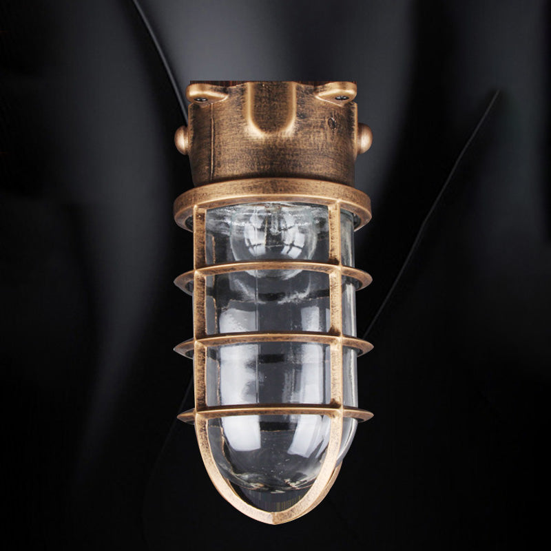 Traditional Vintage Cylinder Horizontal Bar Aluminum Frame Glass Shade 1-Light Flush Mount Ceiling Light For Living Room