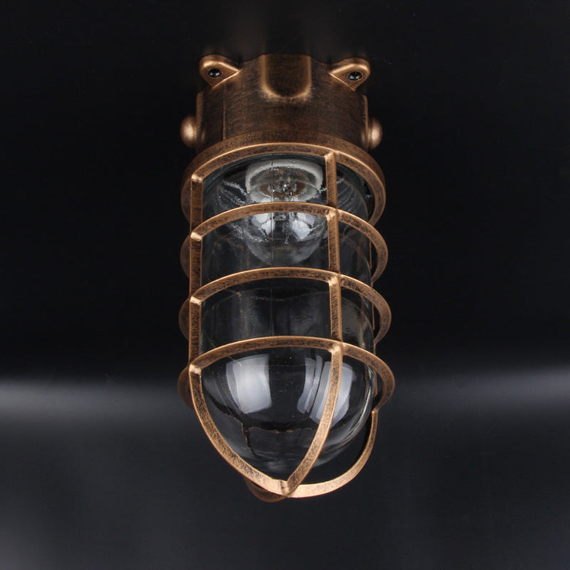 Traditional Vintage Cylinder Horizontal Bar Aluminum Frame Glass Shade 1-Light Flush Mount Ceiling Light For Living Room