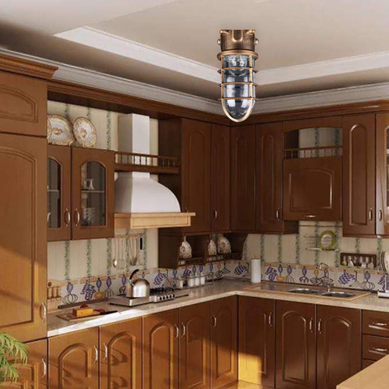 Traditional Vintage Cylinder Horizontal Bar Aluminum Frame Glass Shade 1-Light Flush Mount Ceiling Light For Living Room