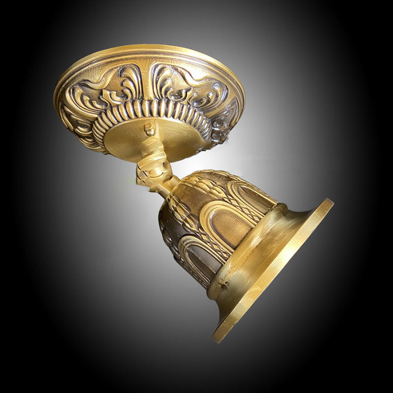 Traditional Vintage Adjustable Angle Round Carved Copper Shade 1-Light Spotlight Semi-Flush Mount Ceiling Light For Living Room
