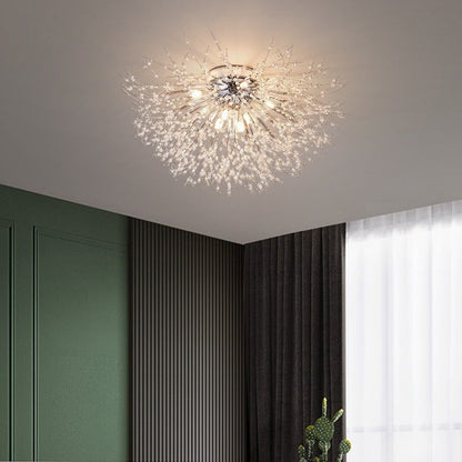 Contemporary Creative Branch Round Dandelion Shape Iron Crystal 4/5/6/8 Light Semi-Flush Mount Ceiling Light For Living Room