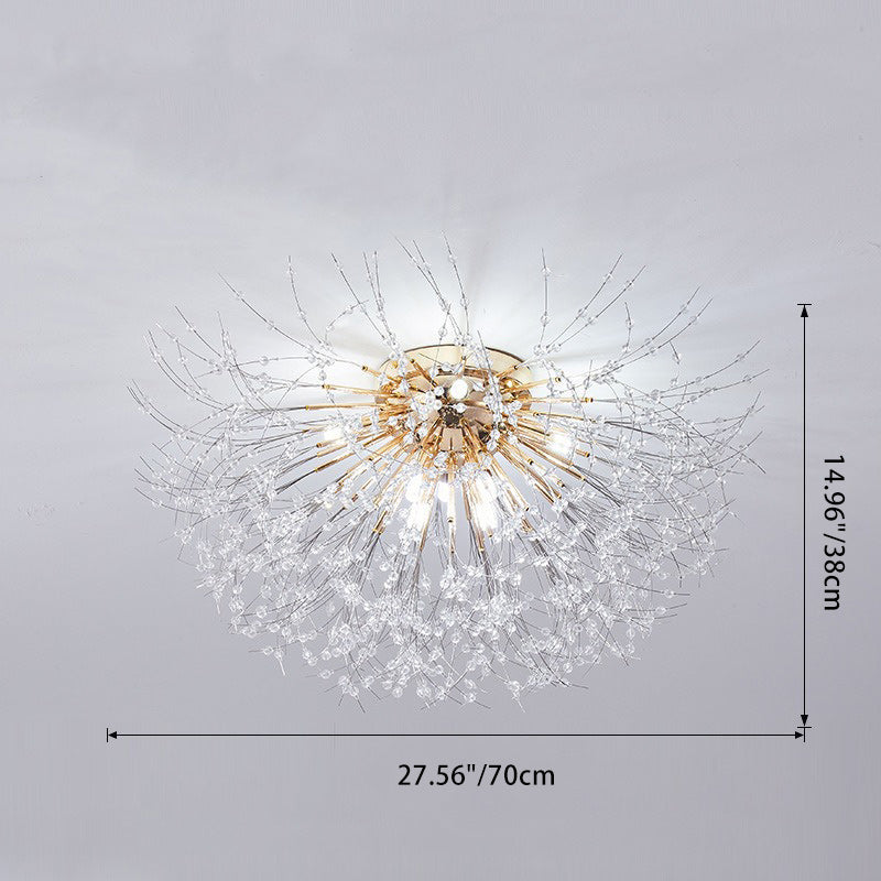 Contemporary Creative Branch Round Dandelion Shape Iron Crystal 4/5/6/8 Light Semi-Flush Mount Ceiling Light For Living Room