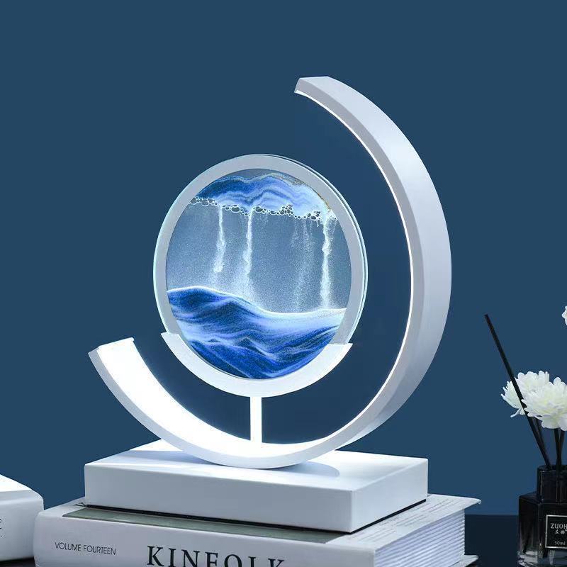 Modern Art Deco Round Quicksand Iron Glass LED Table Lamp For Bedroom