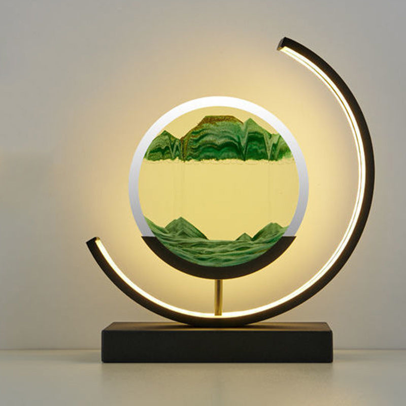 Modern Art Deco Round Quicksand Iron Glass LED Table Lamp For Bedroom