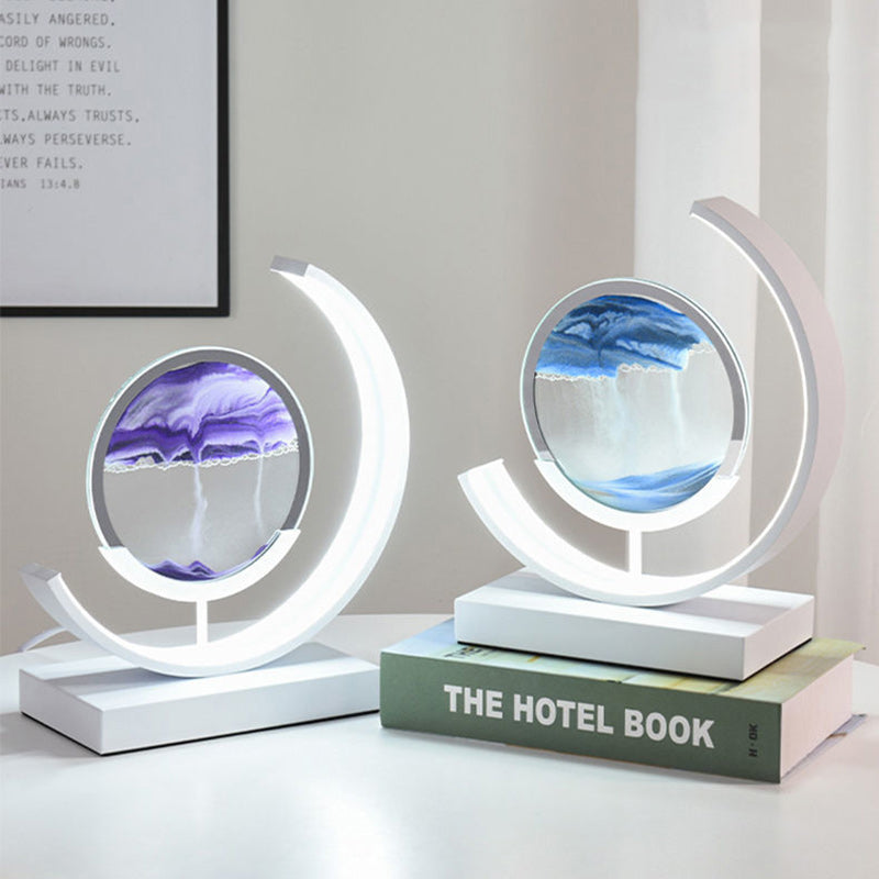 Modern Art Deco Round Quicksand Iron Glass LED Table Lamp For Bedroom