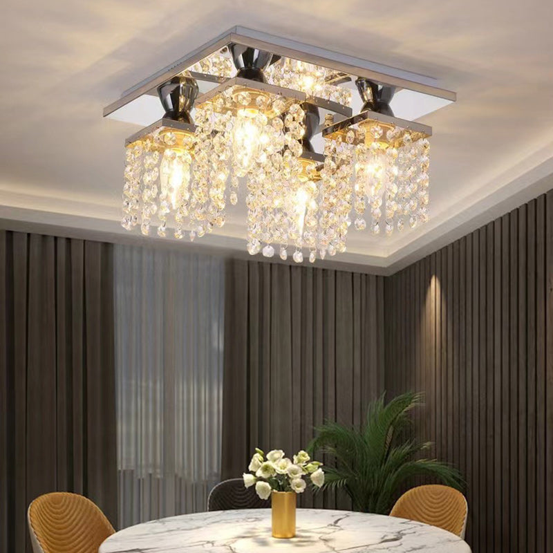 Modern Luxury Square Stainless Steel Frame Crystal Shade 4-Light Semi-Flush Mount Ceiling Light For Living Room
