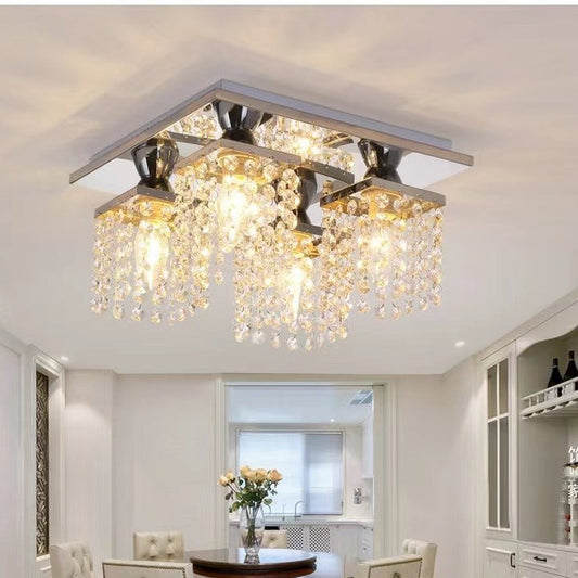 Modern Luxury Square Stainless Steel Frame Crystal Shade 4-Light Semi-Flush Mount Ceiling Light For Living Room