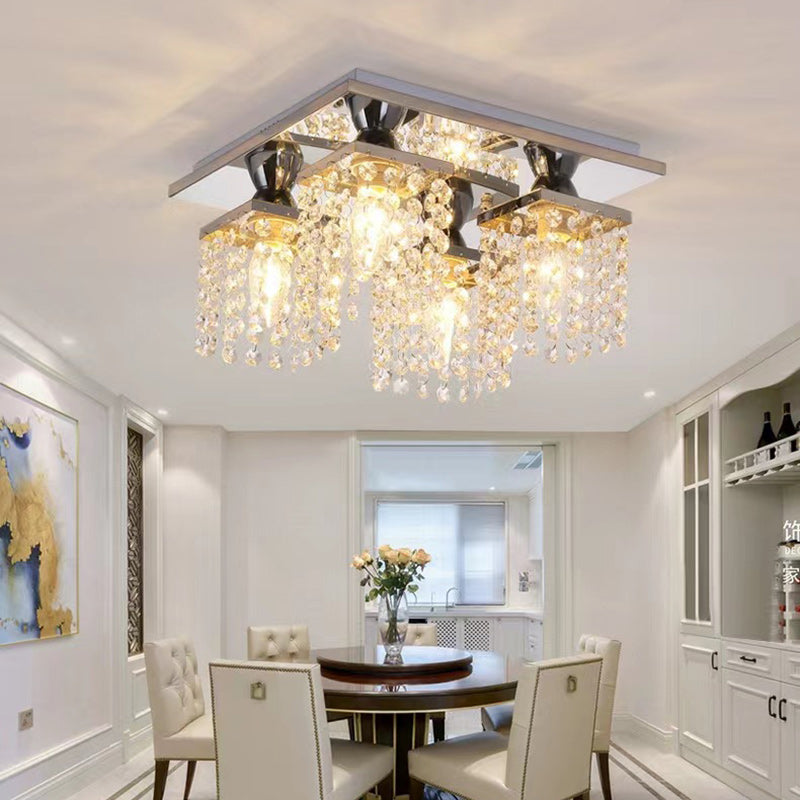 Modern Luxury Square Stainless Steel Frame Crystal Shade 4-Light Semi-Flush Mount Ceiling Light For Living Room