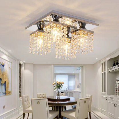 Modern Luxury Square Stainless Steel Frame Crystal Shade 4-Light Semi-Flush Mount Ceiling Light For Living Room