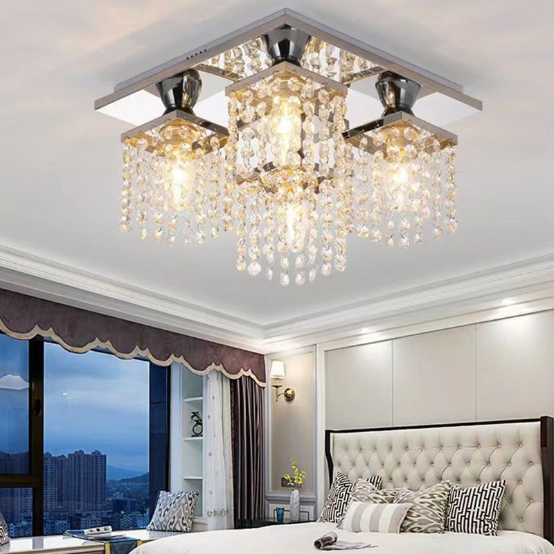 Modern Luxury Square Stainless Steel Frame Crystal Shade 4-Light Semi-Flush Mount Ceiling Light For Living Room