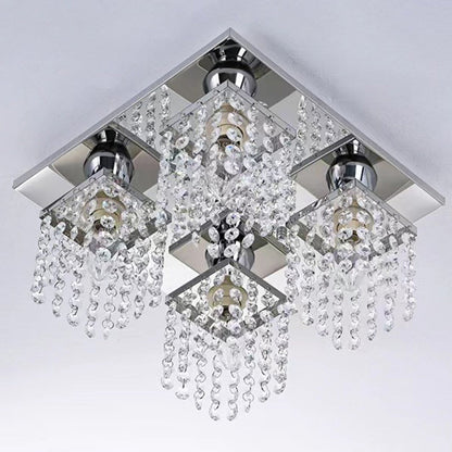 Modern Luxury Square Stainless Steel Frame Crystal Shade 4-Light Semi-Flush Mount Ceiling Light For Living Room