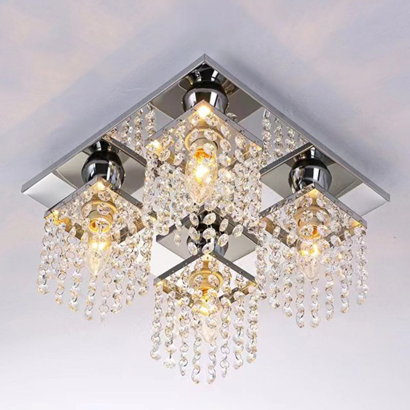 Modern Luxury Square Stainless Steel Frame Crystal Shade 4-Light Semi-Flush Mount Ceiling Light For Living Room