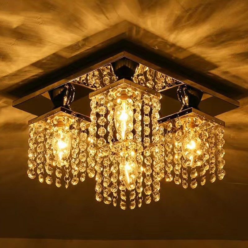 Modern Luxury Square Stainless Steel Frame Crystal Shade 4-Light Semi-Flush Mount Ceiling Light For Living Room