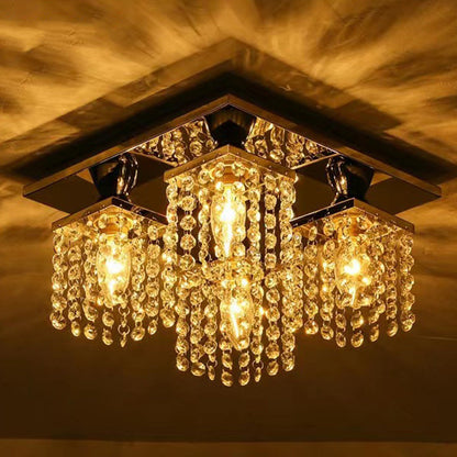 Modern Luxury Square Stainless Steel Frame Crystal Shade 4-Light Semi-Flush Mount Ceiling Light For Living Room