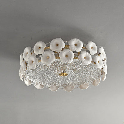 Modern Art Deco Round Flower Petal Brass Ceramic Glass 3/4 Light Flush Mount Ceiling Light For Living Room