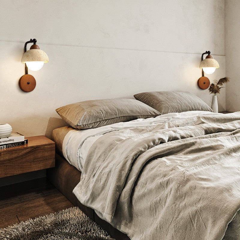 Traditional Vintage Dome Round Natural Yellow Travertine Shade Iron Solid Wood Frame 1-Light Wall Sconce Lamp For Bedroom