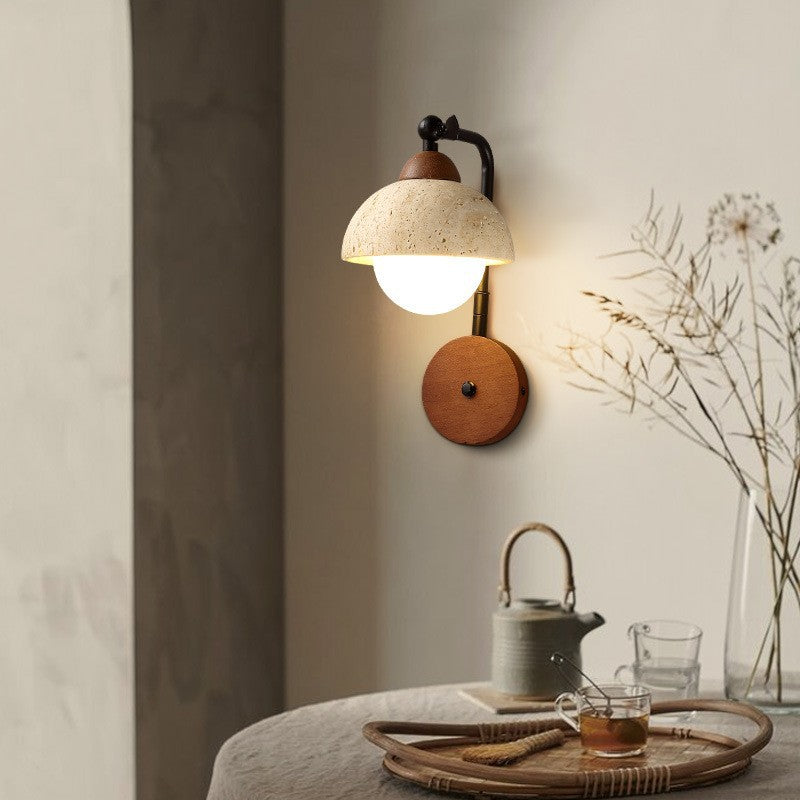 Traditional Vintage Dome Round Natural Yellow Travertine Shade Iron Solid Wood Frame 1-Light Wall Sconce Lamp For Bedroom
