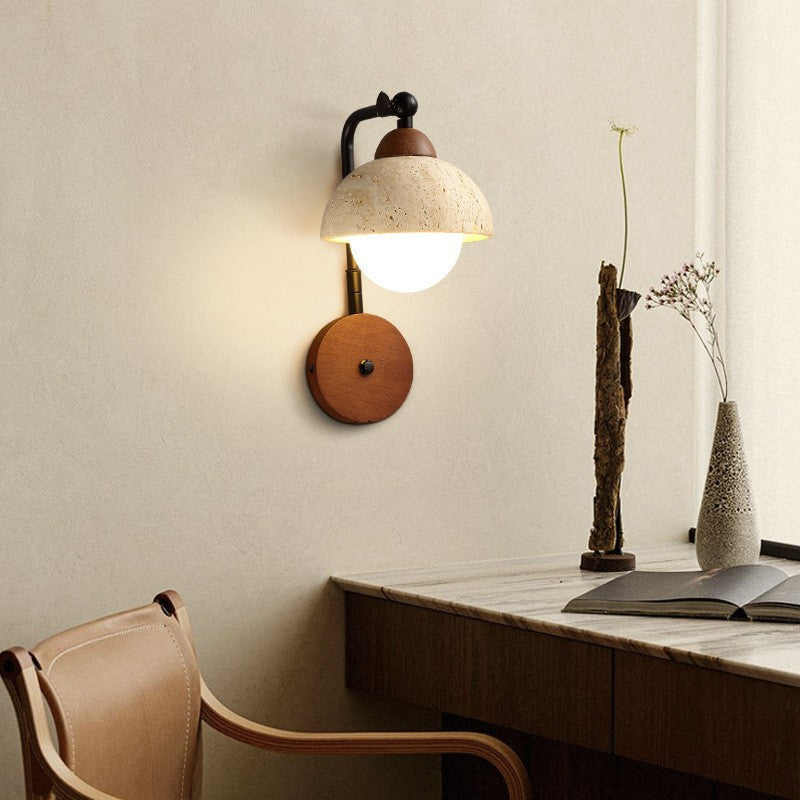 Traditional Vintage Dome Round Natural Yellow Travertine Shade Iron Solid Wood Frame 1-Light Wall Sconce Lamp For Bedroom