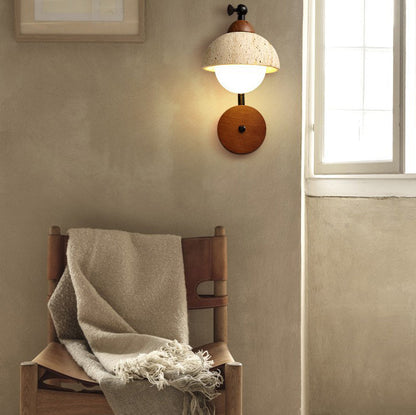 Traditional Vintage Dome Round Natural Yellow Travertine Shade Iron Solid Wood Frame 1-Light Wall Sconce Lamp For Bedroom