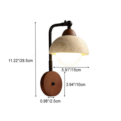 Traditional Vintage Dome Round Natural Yellow Travertine Shade Iron Solid Wood Frame 1-Light Wall Sconce Lamp For Bedroom
