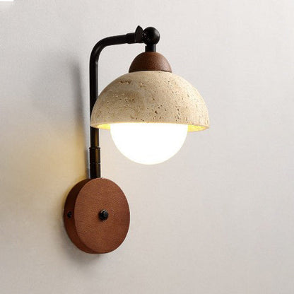 Traditional Vintage Dome Round Natural Yellow Travertine Shade Iron Solid Wood Frame 1-Light Wall Sconce Lamp For Bedroom