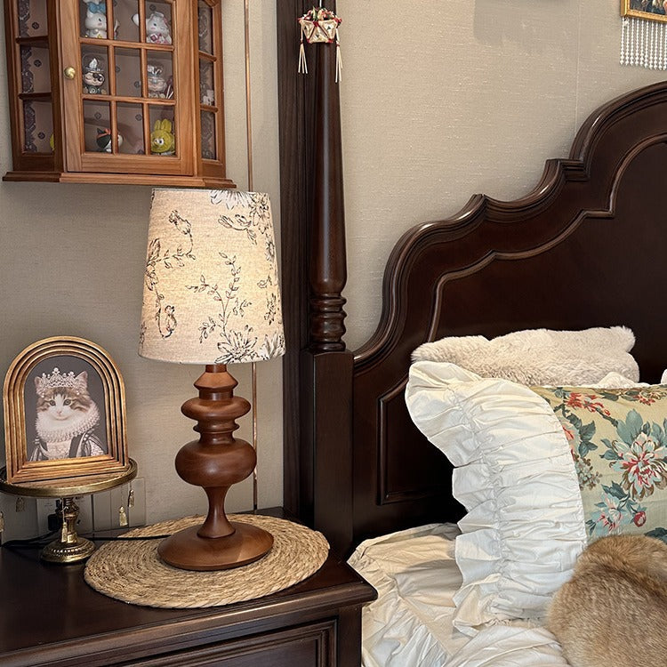 Traditional Vintage Round Solid Wood Base Trapezoidal Floral Fabric Shade 1-Light Table Lamp For Bedroom