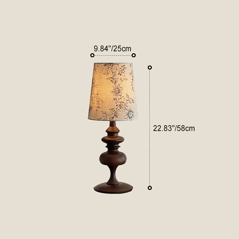 Traditional Vintage Round Solid Wood Base Trapezoidal Floral Fabric Shade 1-Light Table Lamp For Bedroom