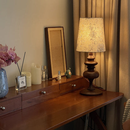 Traditional Vintage Round Solid Wood Base Trapezoidal Floral Fabric Shade 1-Light Table Lamp For Bedroom