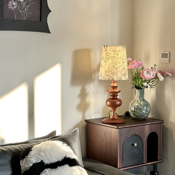 Traditional Vintage Round Solid Wood Base Trapezoidal Floral Fabric Shade 1-Light Table Lamp For Bedroom