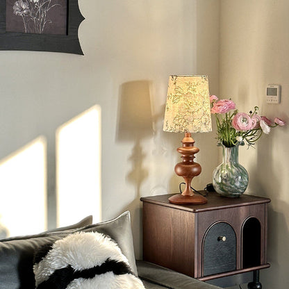 Traditional Vintage Round Solid Wood Base Trapezoidal Floral Fabric Shade 1-Light Table Lamp For Bedroom