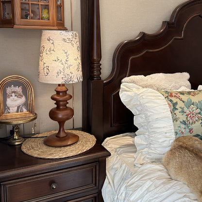 Traditional Vintage Round Solid Wood Base Trapezoidal Floral Fabric Shade 1-Light Table Lamp For Bedroom