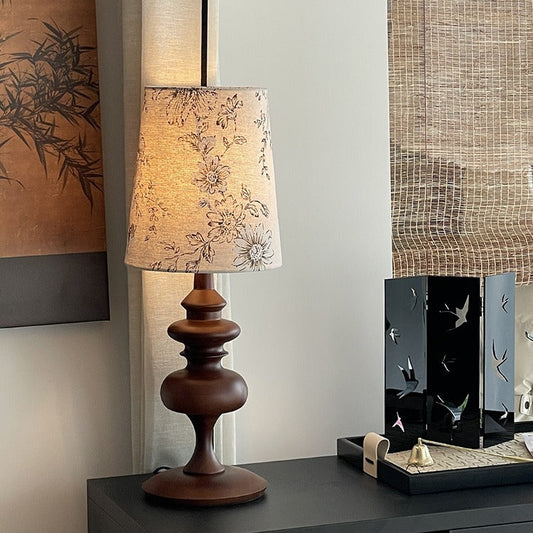 Traditional Vintage Round Solid Wood Base Trapezoidal Floral Fabric Shade 1-Light Table Lamp For Bedroom