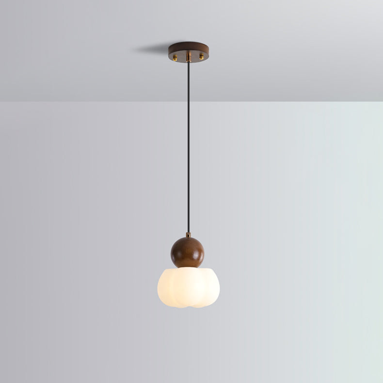 Traditional Vintage Orb Pumpkin Shape Wood Plastic Shade 1-Light Pendant Light For Living Room