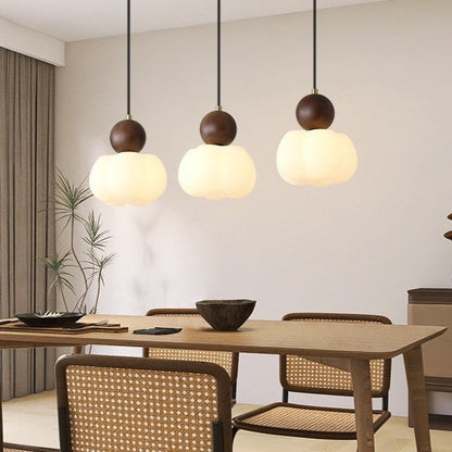 Traditional Vintage Orb Pumpkin Shape Wood Plastic Shade 1-Light Pendant Light For Living Room