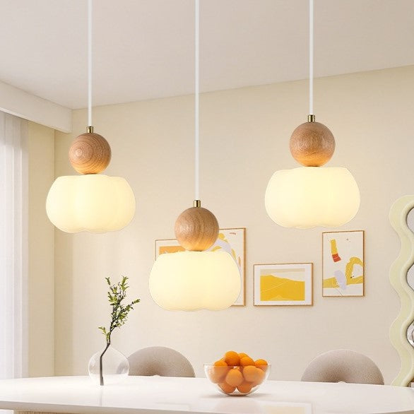 Traditional Vintage Orb Pumpkin Shape Wood Plastic Shade 1-Light Pendant Light For Living Room