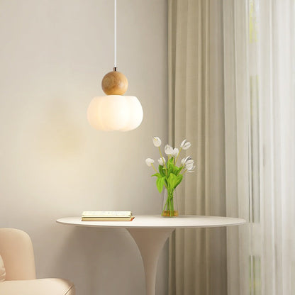 Traditional Vintage Orb Pumpkin Shape Wood Plastic Shade 1-Light Pendant Light For Living Room