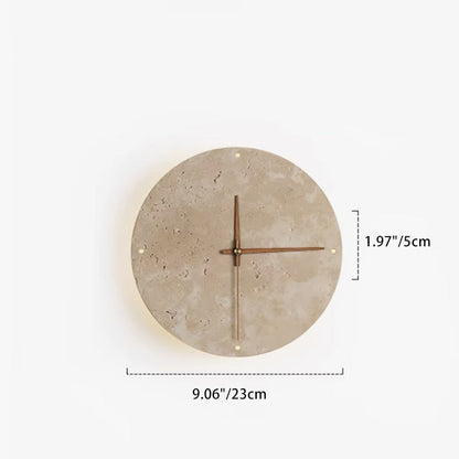 Modern Minimalist Round Clock Yellow Travertine Wood LED Wall Sconce Lamp For Living Room