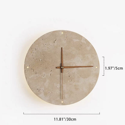 Modern Minimalist Round Clock Yellow Travertine Wood LED Wall Sconce Lamp For Living Room