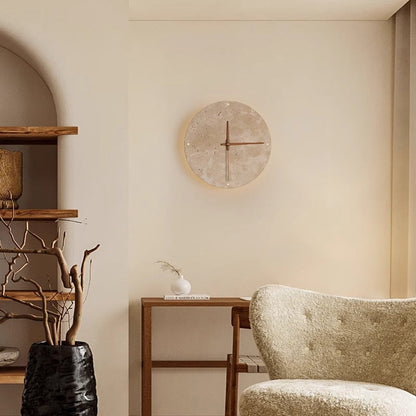 Modern Minimalist Round Clock Yellow Travertine Wood LED Wall Sconce Lamp For Living Room