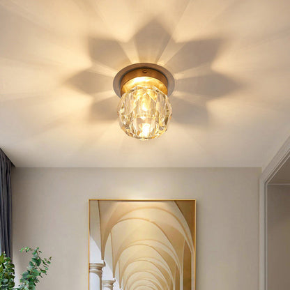 Modern Luxury Round Dome Irregular Orb Full Copper Crystal Shade 1-Light Semi-Flush Mount Ceiling Light For Living Room