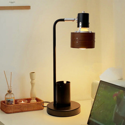 Contemporary Retro Round Wood Shade Iron Frame 1-Light Table Lamp For Bedroom