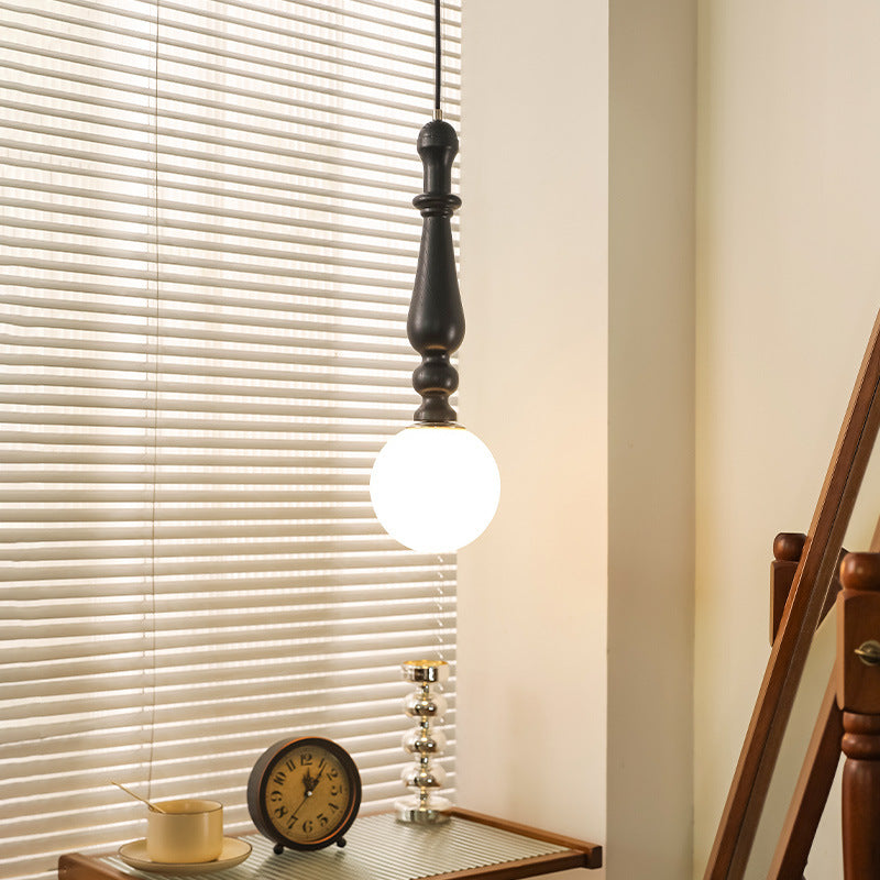 Traditional Vintage Cylinder Orb Wood Aluminum Frame Glass 1-Light Pendant Light For Living Room