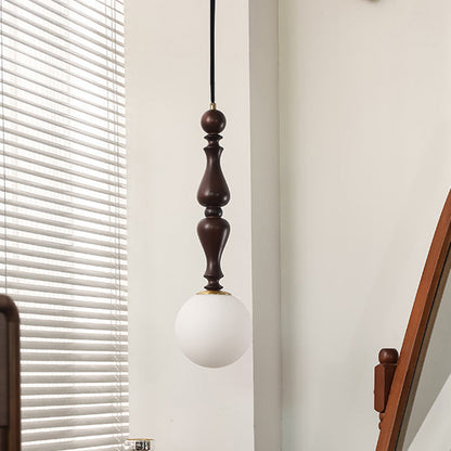 Traditional Vintage Cylinder Orb Wood Aluminum Frame Glass 1-Light Pendant Light For Living Room
